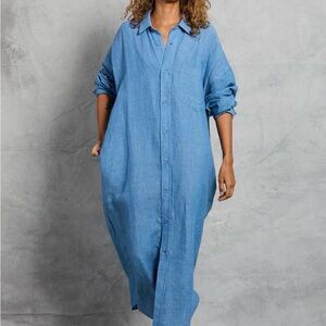 Mamene Cotton Linen Blue Button-Front Maxi Shirt Dress